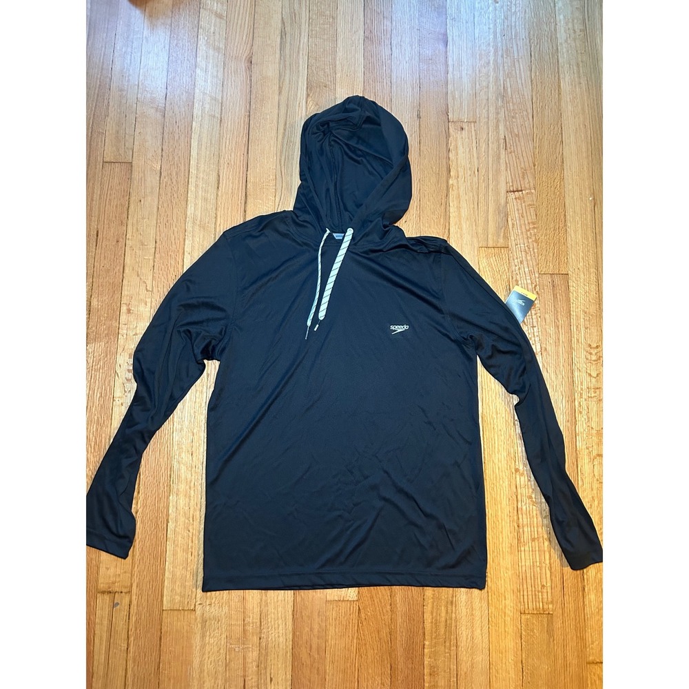 Speedo Mens Black Long Sleeve Hooded Swim Shirt Rash Guard M NWT